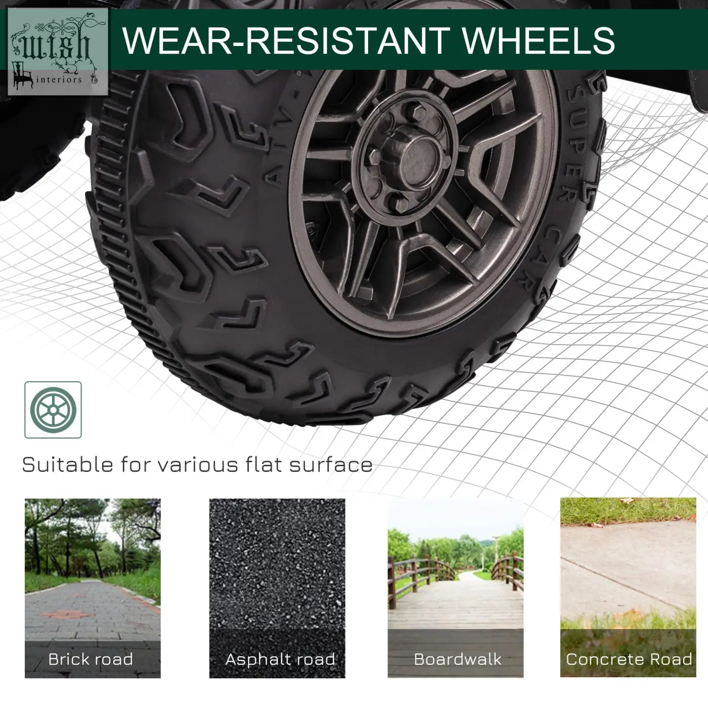 Black rubber tire with deep treads on dark gray alloy rim for green HOMCOM 12V kids quad bike with led headlights