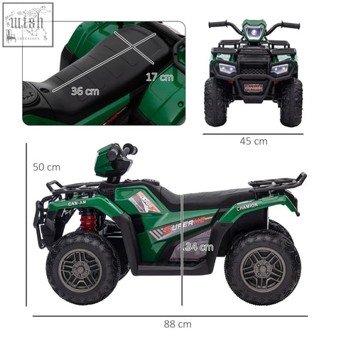 Green and black homcom 12v kids quad bike with rugged tires led headlights usb port and forward reverse functions