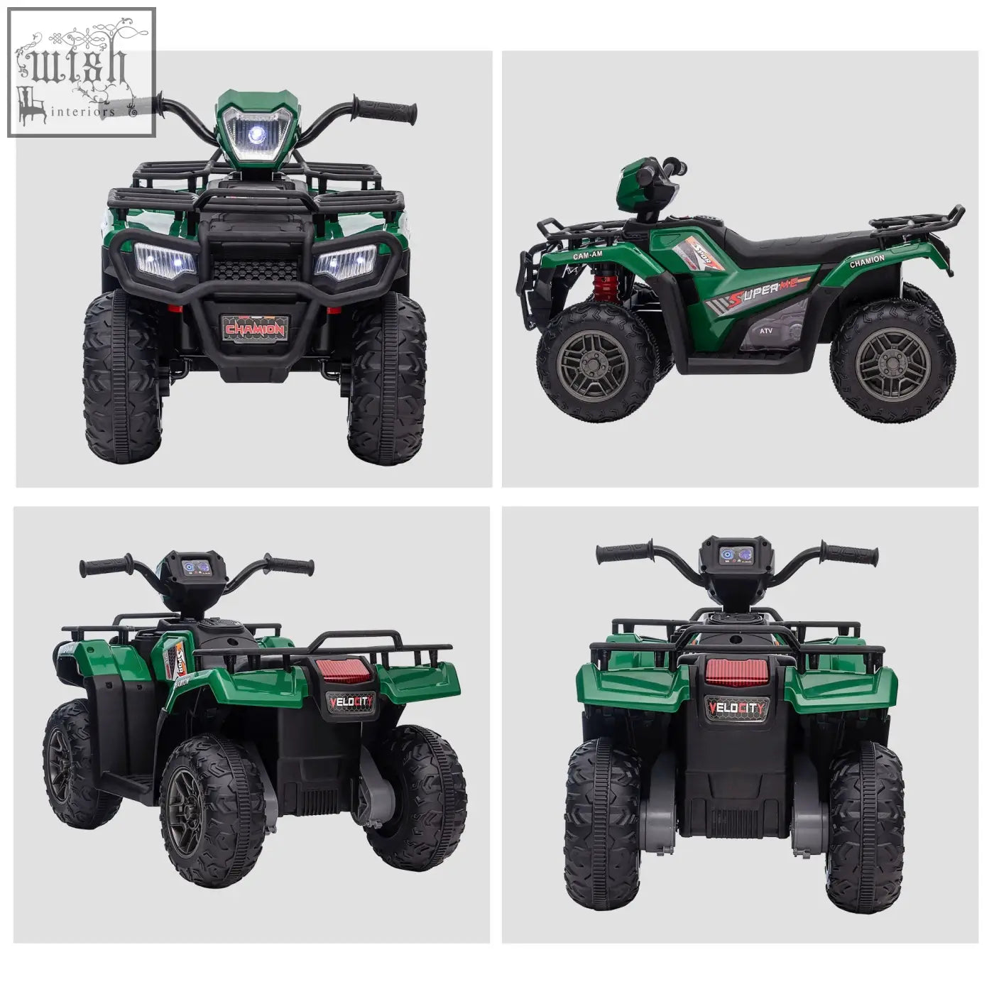 Green and black homcom 12v kids quad bike with rugged tires led headlights usb port and side storage racks for ages 3-5