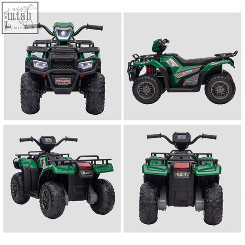 Green and black homcom 12v kids quad bike with rugged tires led headlights usb port and side storage racks for ages 3-5