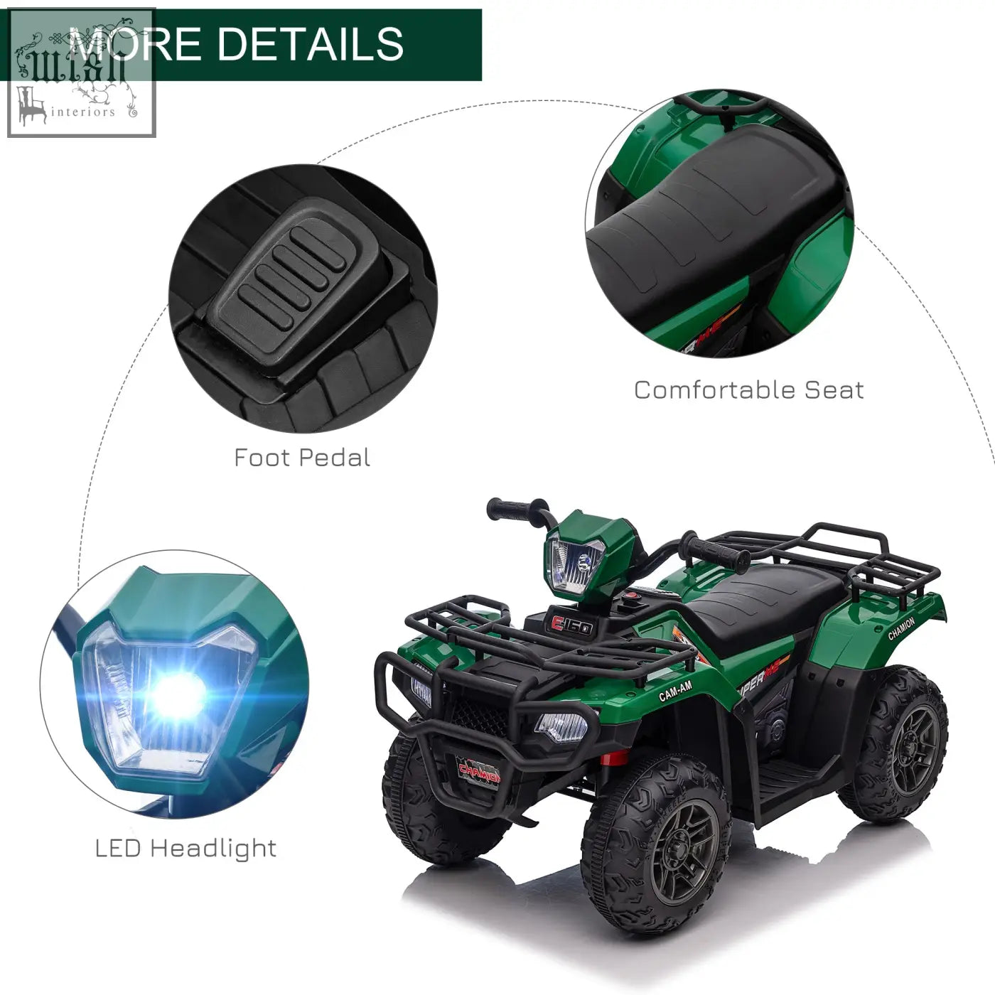 Green and black homcom 12v kids quad bike with led headlights usb port rugged design for ages 3 to 5 years