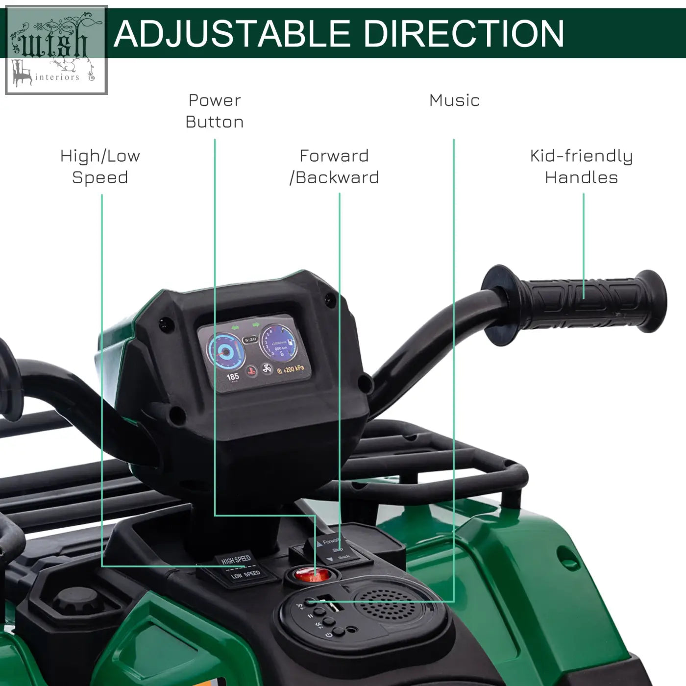 Green and black homcom 12v kids quad bike with led headlights usb port digital display and adjustable handles