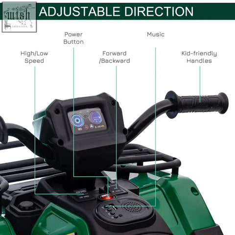 Green and black homcom 12v kids quad bike with led headlights usb port digital display and adjustable handles