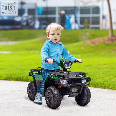 Green and black homcom 12v kids quad bike with rugged tires usb port led headlights and front cargo rack for ages 3-5