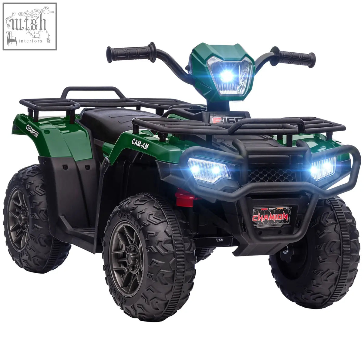 Green and black champion cam-am electric quad bike for kids with led headlights and usb port illuminated at night