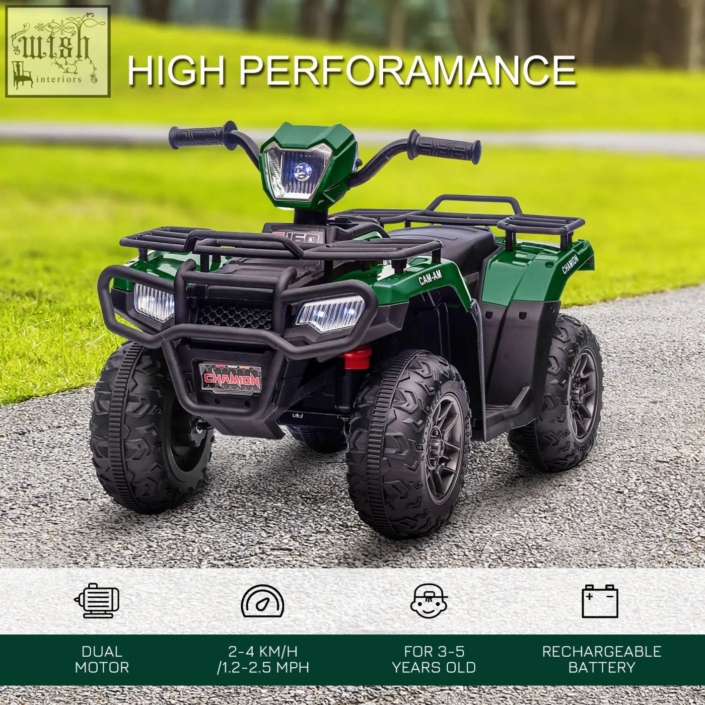 Green and black champion kids quad bike with led headlights usb port rugged tires and rear cargo rack for ages 3-5 years