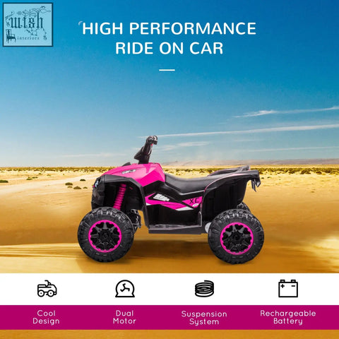 Pink and black homcom 12v ride-on quad bike with led headlights textured tyres and vibrant pink rims for kids aged 3-5 years