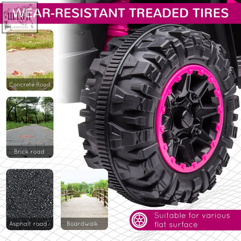 Black and pink textured tyres on homcom 12v ride-on quad bike with led headlights for kids 3-5 years