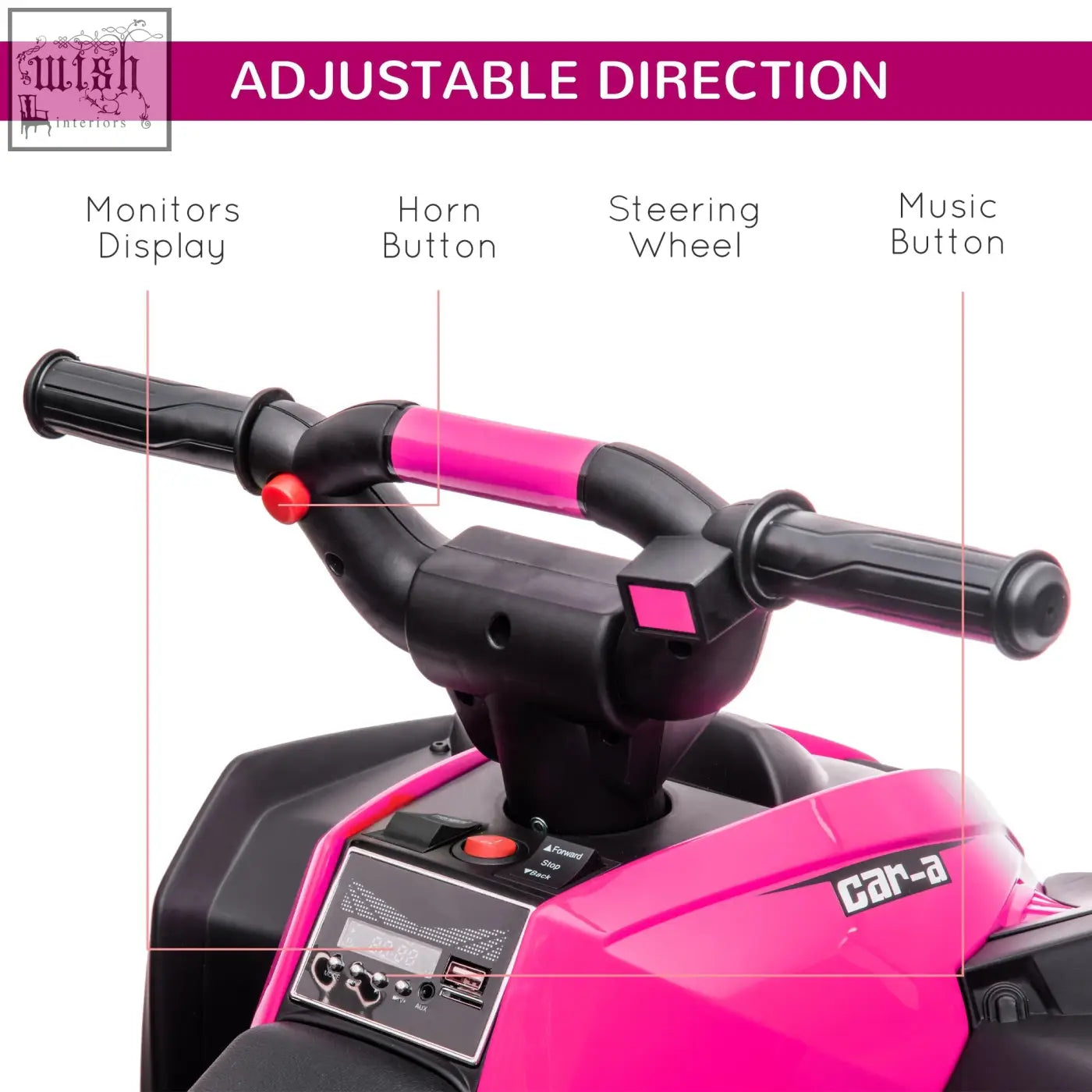 Homcom 12v ride on quad bike in pink with led headlights textured tyres music horn and adjustable handlebars for kids 3 to 5 years