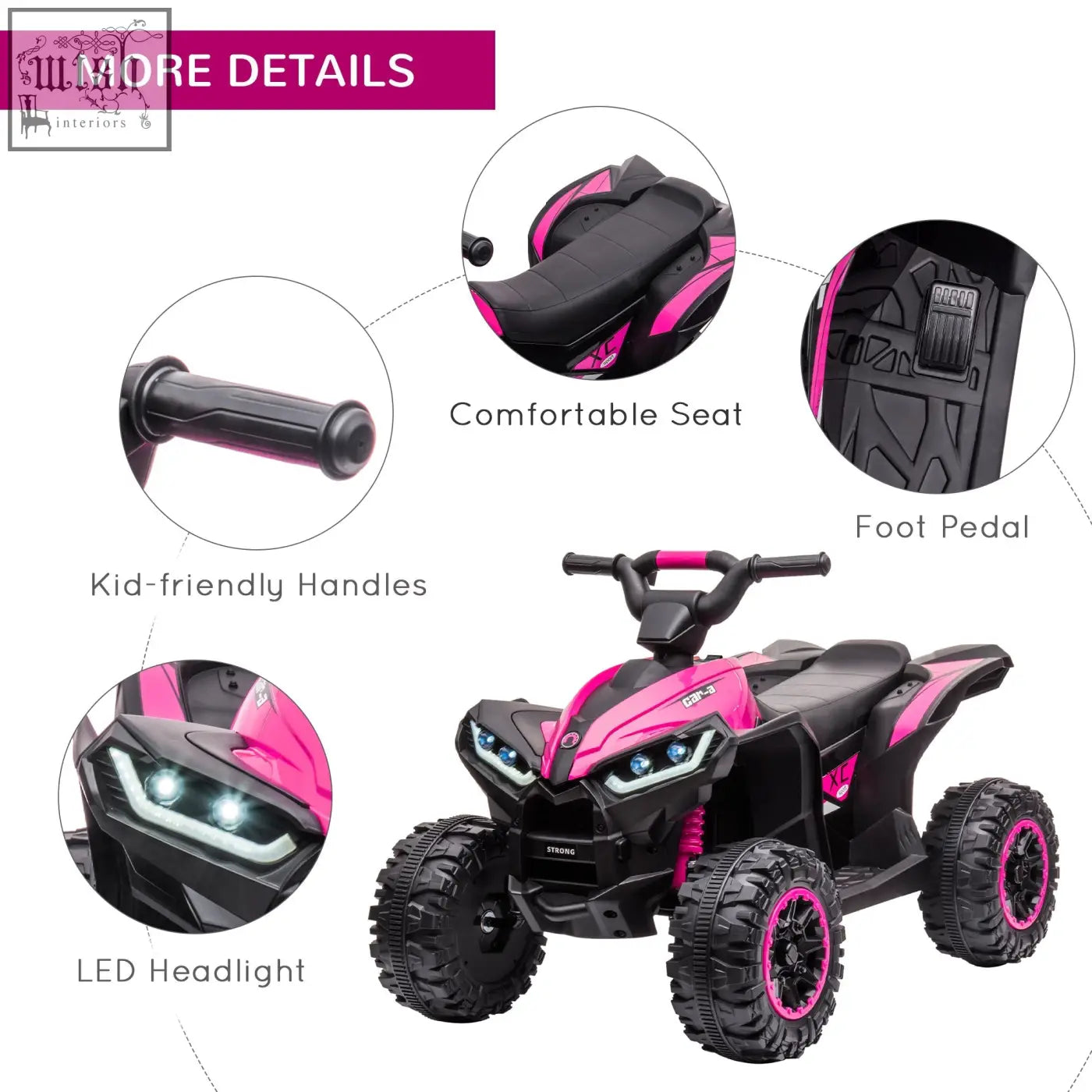 Homcom 12v ride pink and black kids electric atv with led headlights textured tyres and padded seat for ages 3-5 years