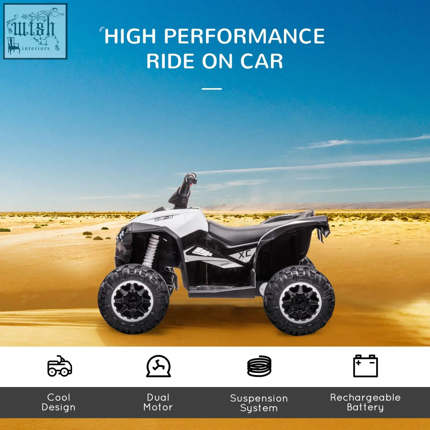 White and black homcom 12v ride-on quad bike with led headlights and textured tyres for kids 3 to 5 years