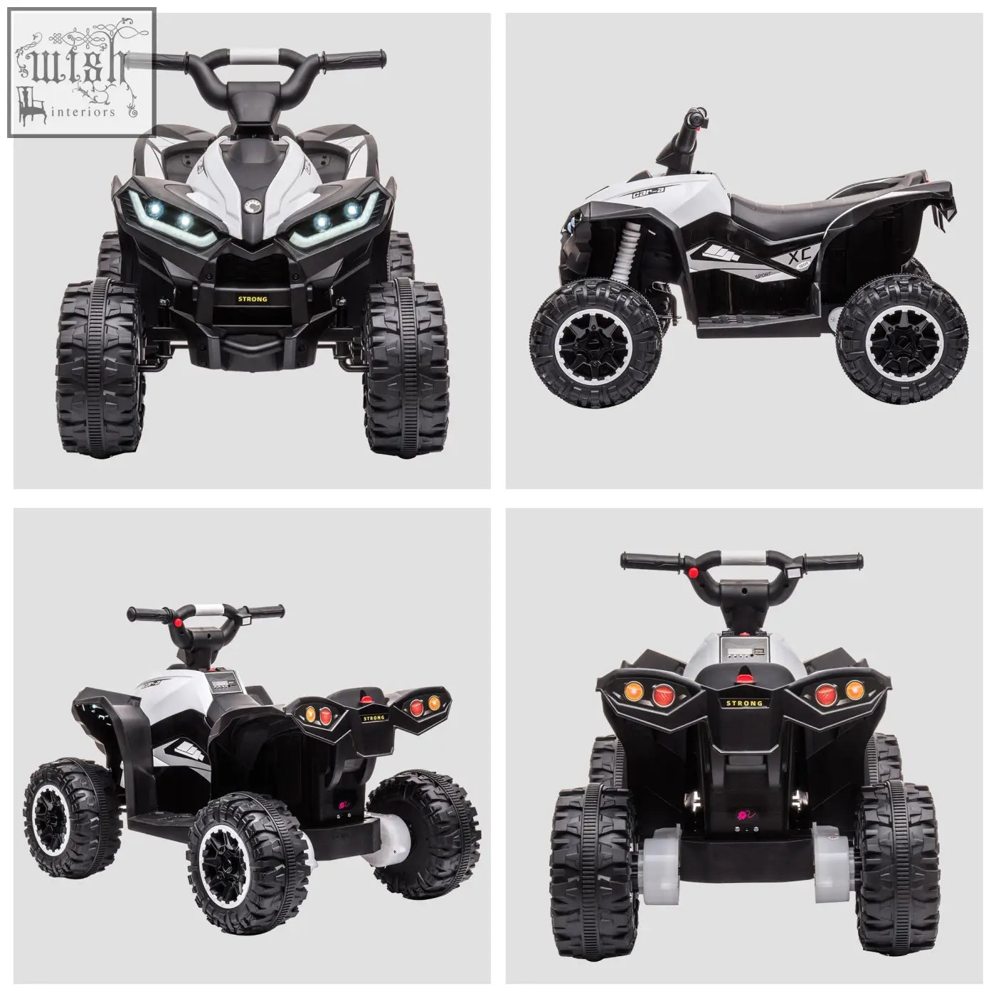 Homcom kids 12v ride-on quad bike in black and white with led headlights textured tyres and strong logo for ages 3-5 years