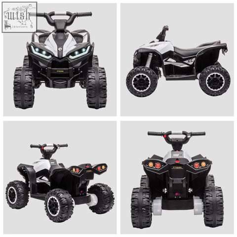 Homcom kids 12v ride-on quad bike in black and white with led headlights textured tyres and strong logo for ages 3-5 years