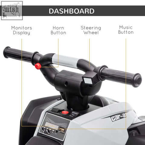 Black and silver dashboard of the homcom 12v white quad bike with music horn steering controls and led headlights