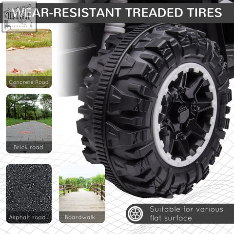 Black rugged textured tyres with glossy white trimmed rim on homcom kids 12v ride-on quad bike with led headlights