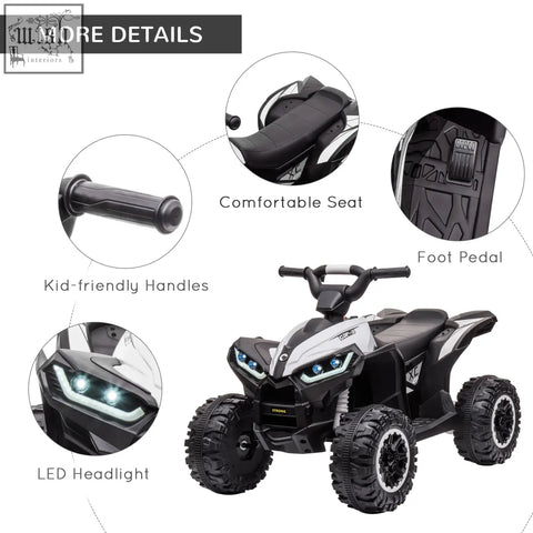 Black and white homcom 12v ride-on quad bike with led headlights padded seat and textured tyres for kids 3-5 years