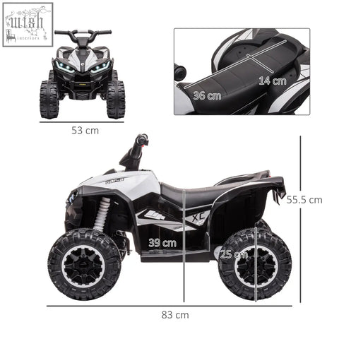 Black and white homcom 12v ride-on quad bike with led headlights textured tyres and chrome wheel accents for kids 3-5 years