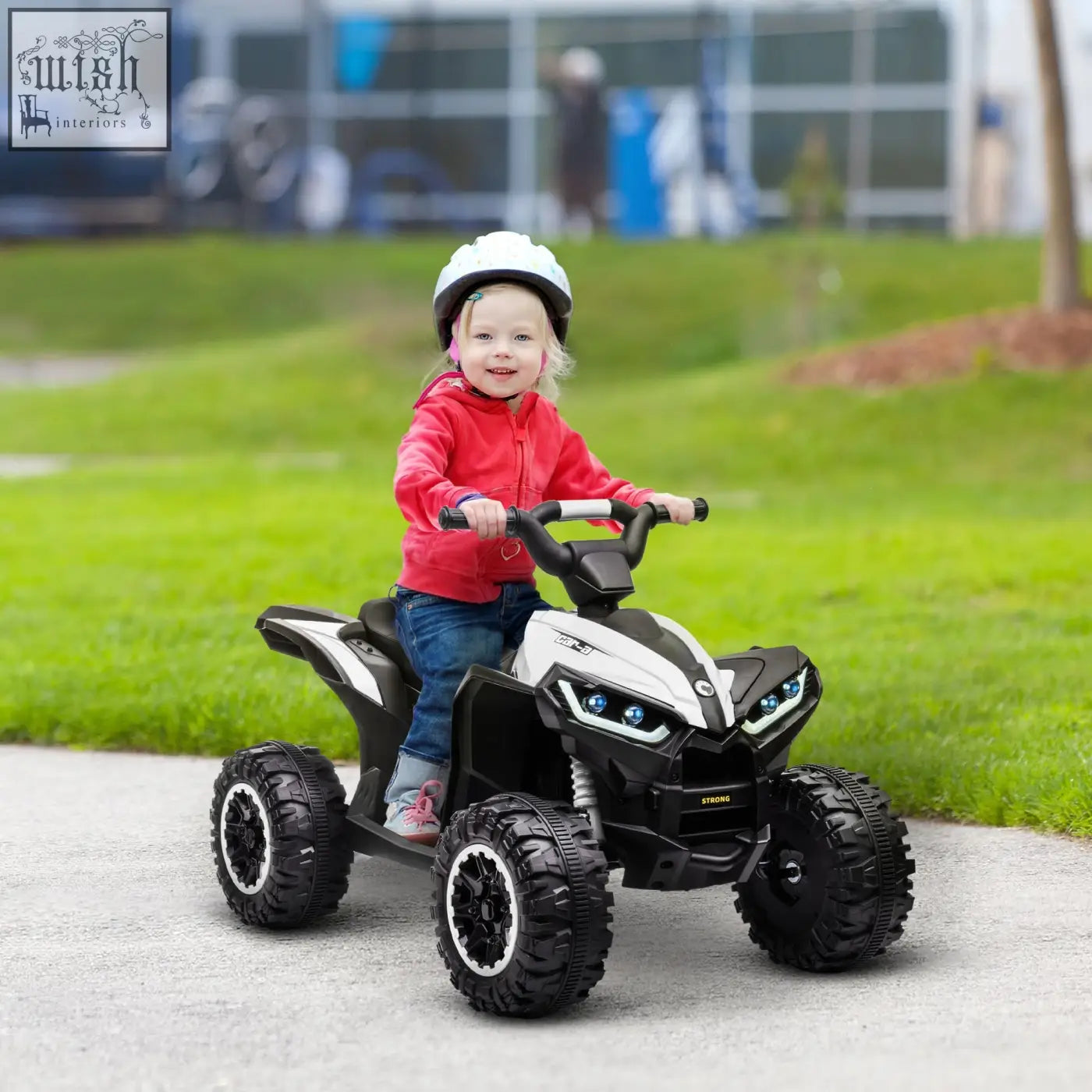 Homcom kids 12v ride-on quad bike in black and white with led headlights and textured tyres for ages 3-5 years
