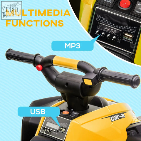 Yellow homcom kids 12v ride-on quad bike with led headlights textured tyres and mp3 usb music for ages 3+