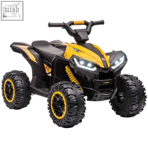 Homcom kids 12v ride-on quad bike in yellow with led headlights textured tyres and a can-am logo on the hood
