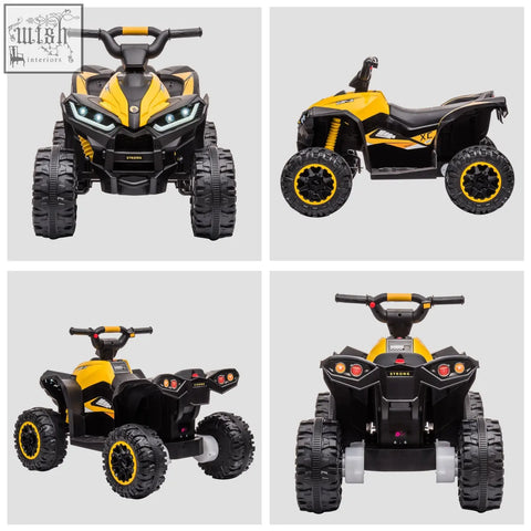 Yellow and black homcom kids 12v ride-on quad bike with led headlights textured tyres and strong logo for ages 3+