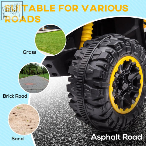 Yellow homcom kids ride-on quad bike with black and yellow textured tyres and led headlights for ages 3 plus years