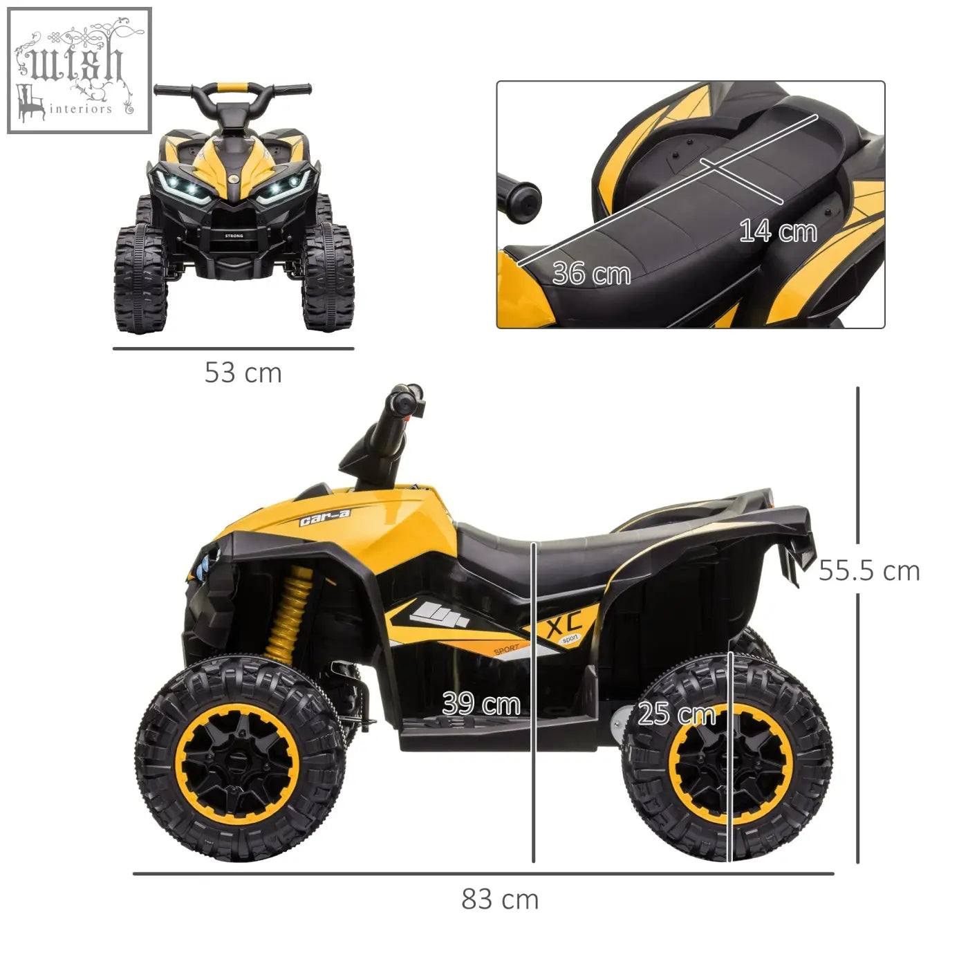 Yellow homcom kids electric quad bike with led headlights and rugged textured tyres for ages 3 plus years