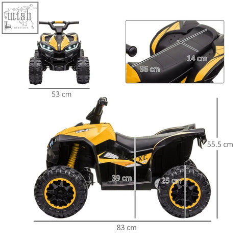 Yellow homcom kids electric quad bike with led headlights and rugged textured tyres for ages 3 plus years