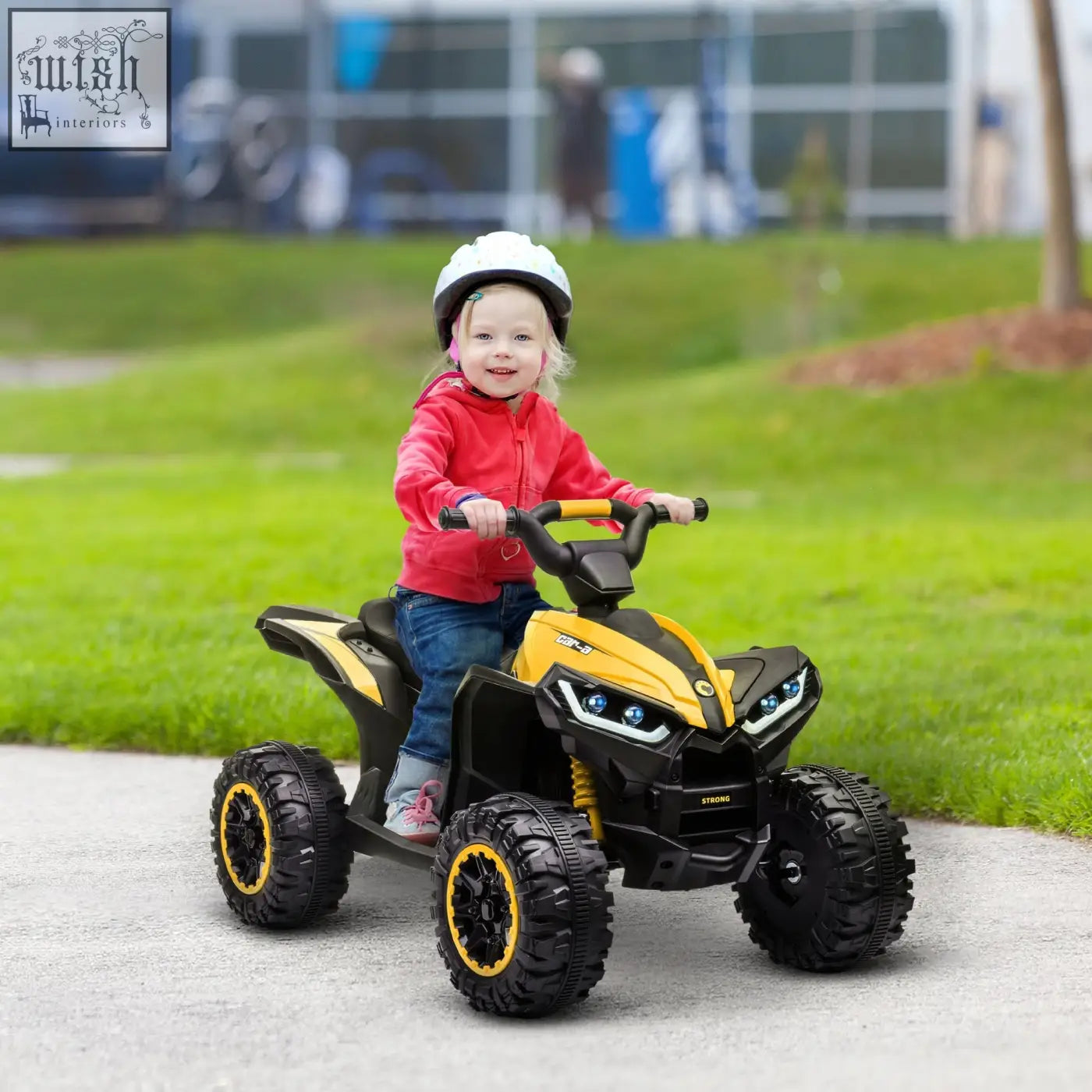 Black and yellow homcom kids 12v ride-on quad bike with led headlights and textured tyres for ages 3 plus years