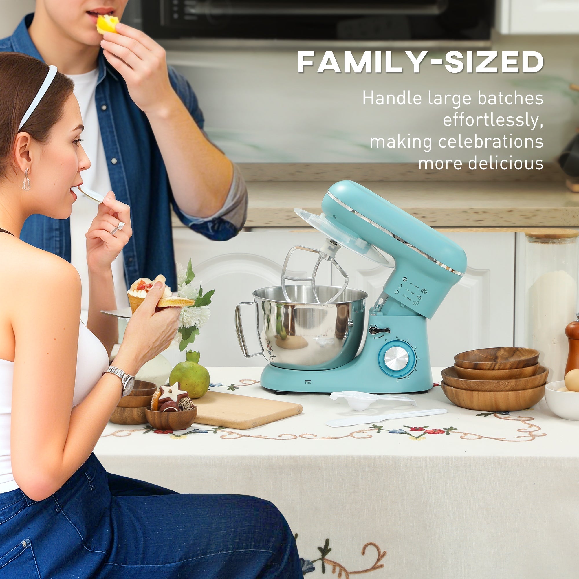 Light blue homcom 1300w stand mixer with stainless steel bowl and silver dough hook attachment