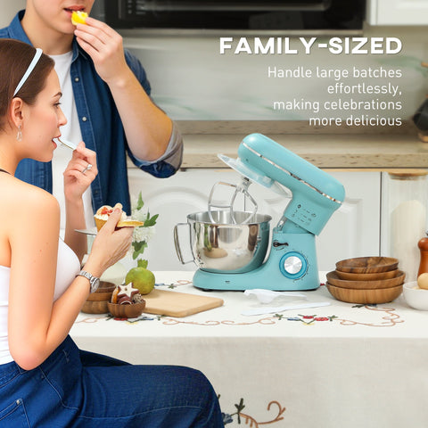 Light blue homcom 1300w stand mixer with stainless steel bowl and silver dough hook attachment
