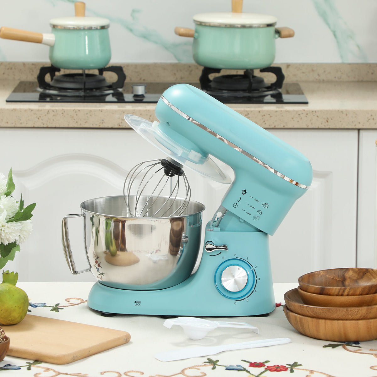 Light blue HOMCOM stand mixer with stainless steel bowl and whisk attachment perfect for dough hook tasks