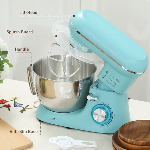 Light blue homcom stand mixer with stainless steel bowl splash guard and dough hook for kitchen use