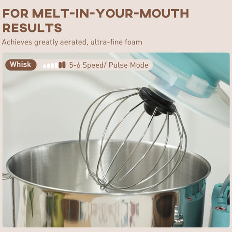 Silver stainless steel whisk attachment for teal homcom 1300w stand mixer with dough hook accessory in blue