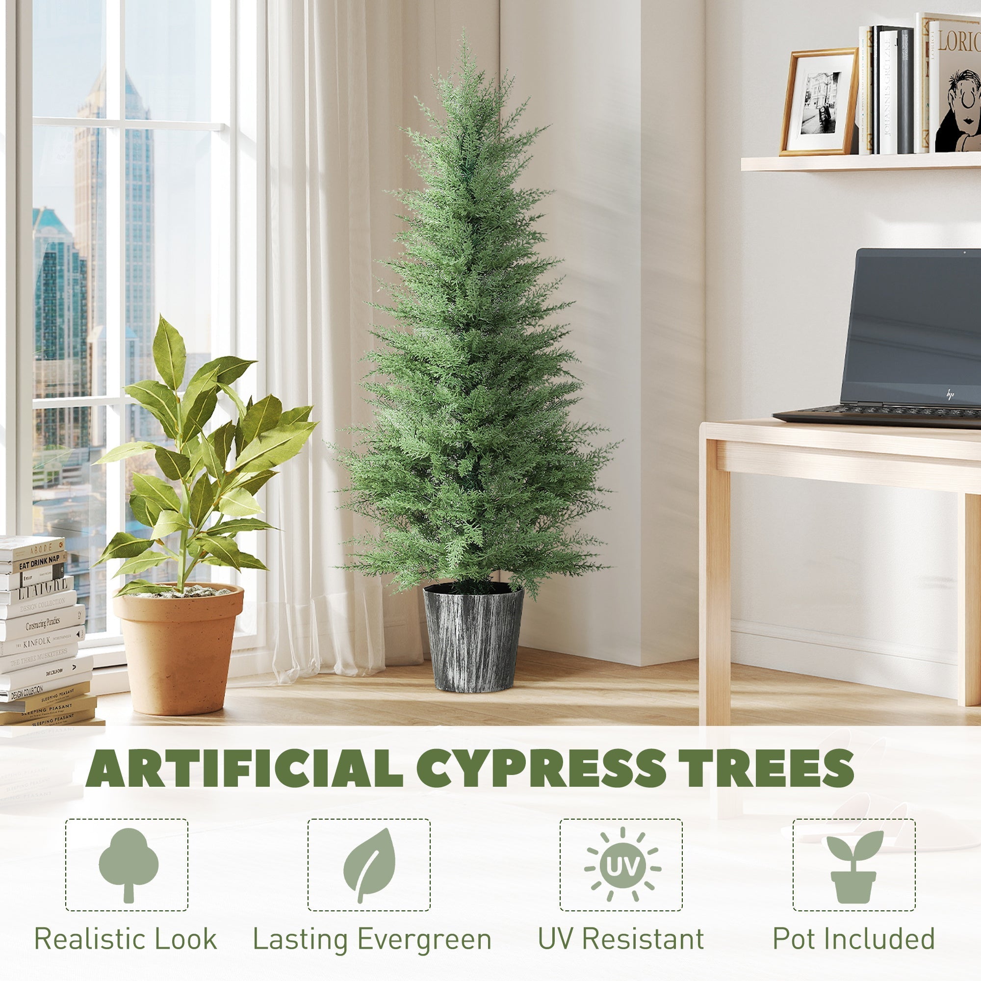 Tall artificial cypress trees with dense green foliage in textured gray pots perfect for indoor outdoor decor