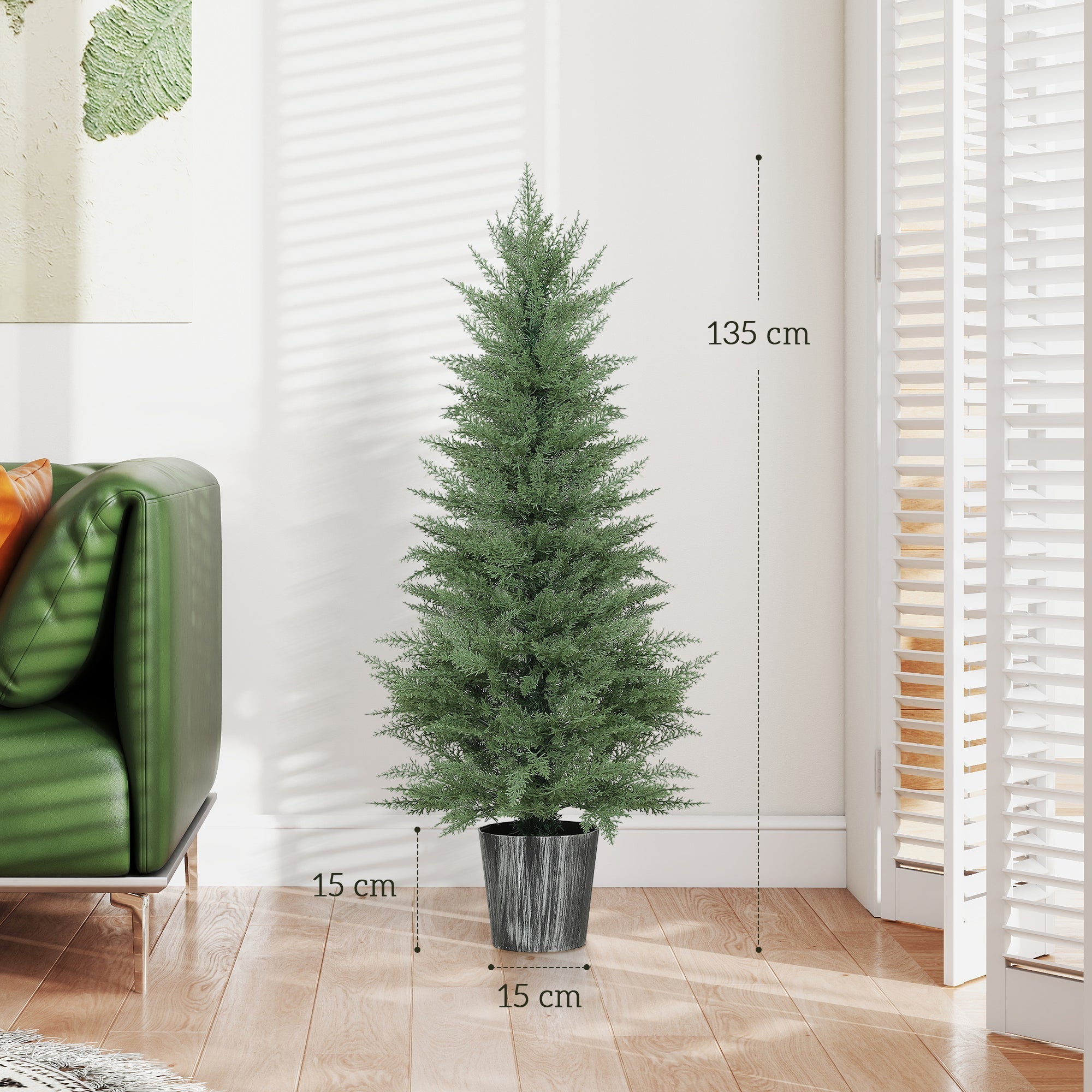 A 135 cm tall artificial cypress tree with dense green foliage in a textured gray pot for indoor outdoor decor