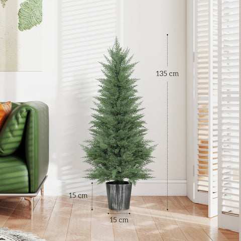 A 135 cm tall artificial cypress tree with dense green foliage in a textured gray pot for indoor outdoor decor