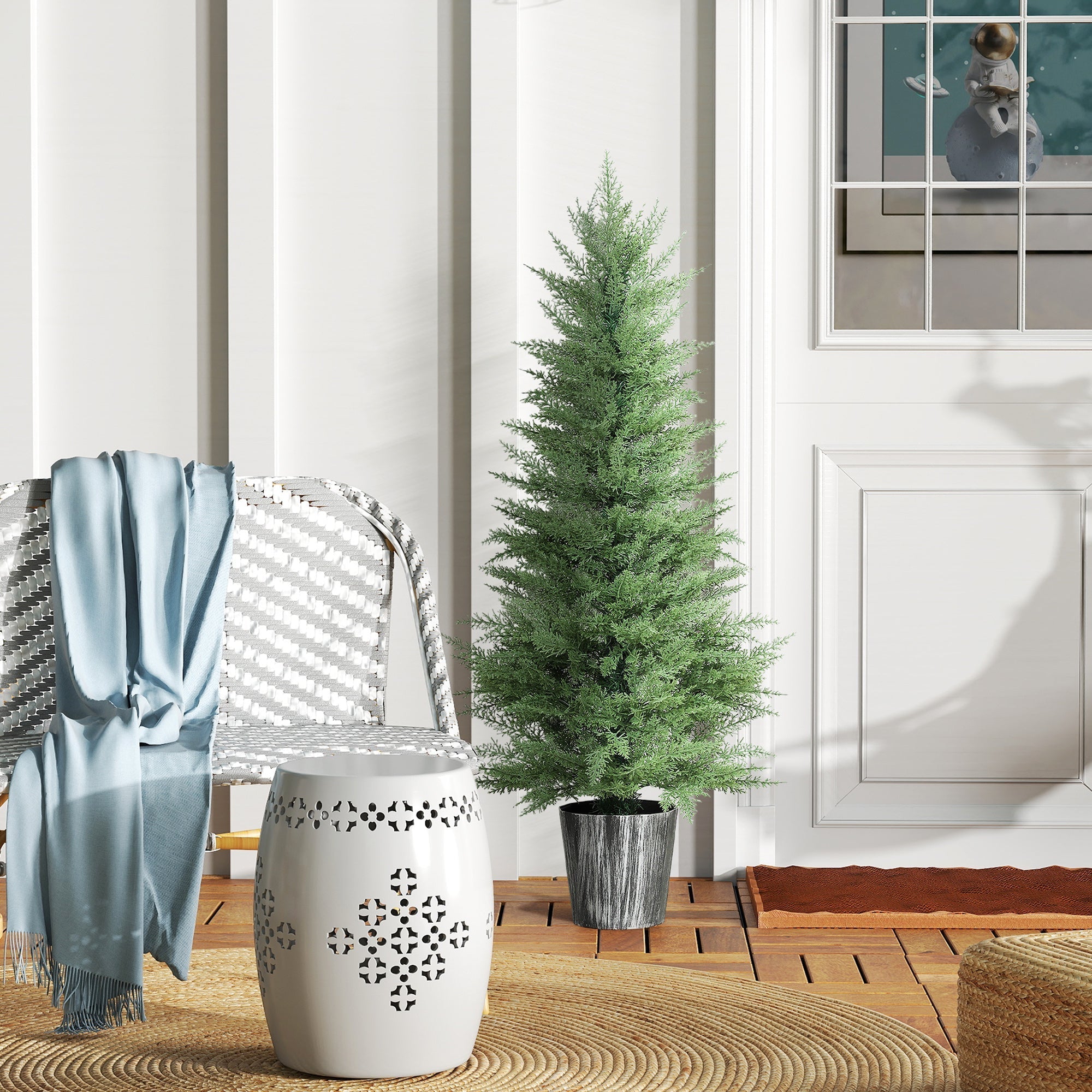 Tall artificial cypress tree in a green color with textured gray pot perfect for indoor outdoor decor