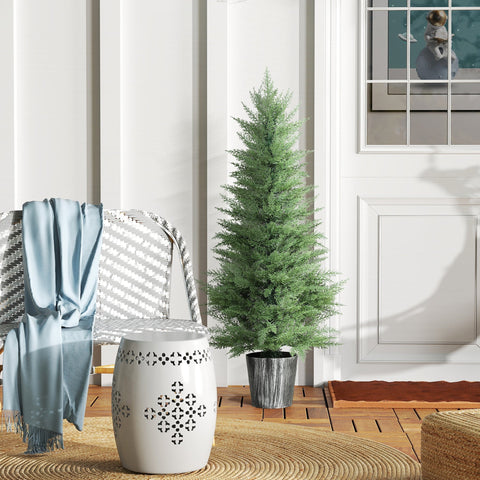 Tall artificial cypress tree in a green color with textured gray pot perfect for indoor outdoor decor