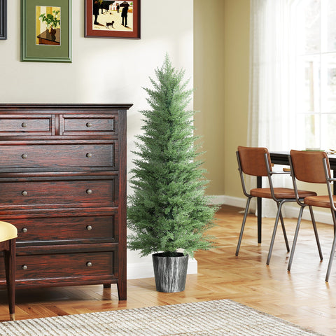 A tall artificial cypress tree with dense green foliage in a textured gray pot perfect for indoor outdoor decor