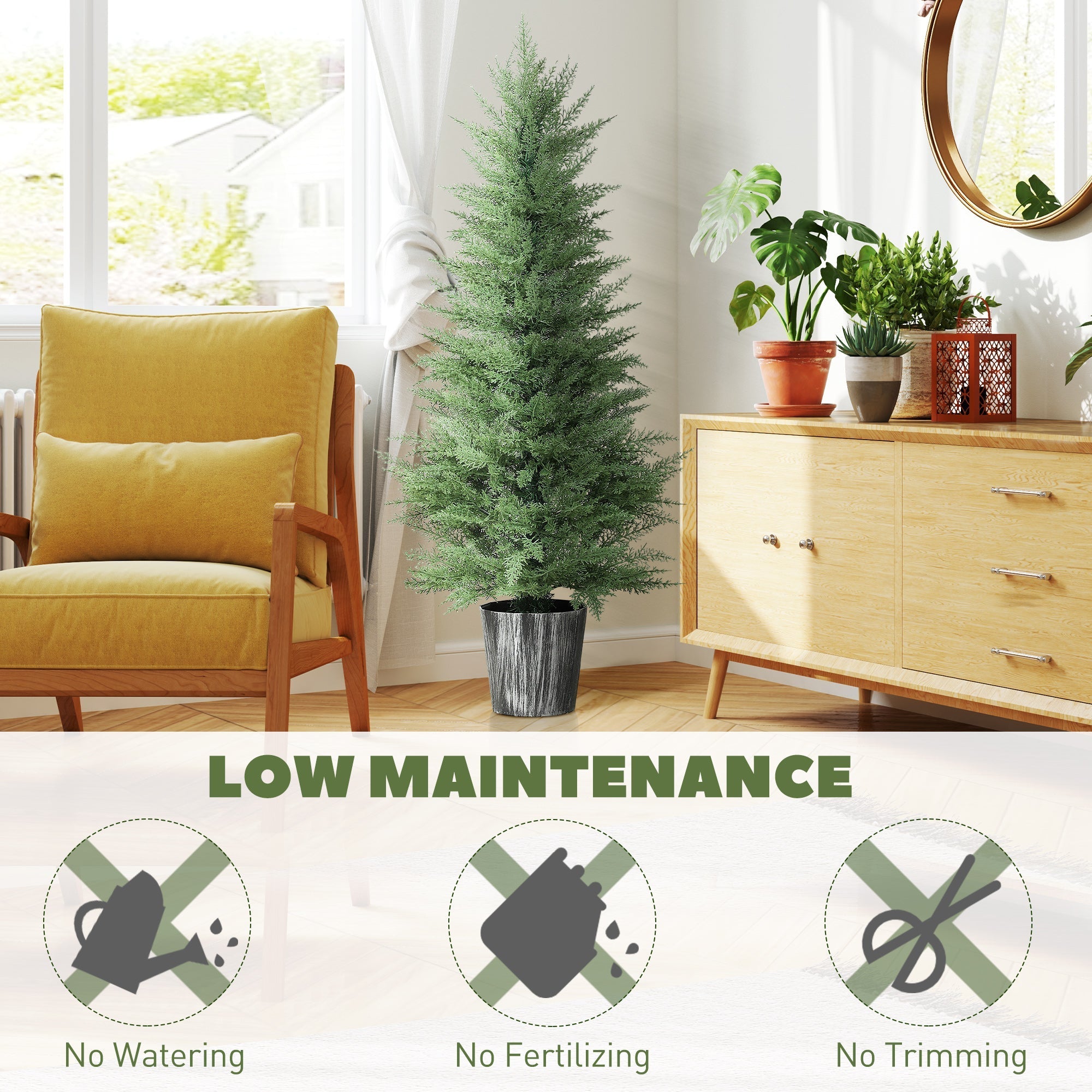 Tall artificial cypress tree with dense green foliage in a textured gray pot perfect fake plants for indoor outdoor decor