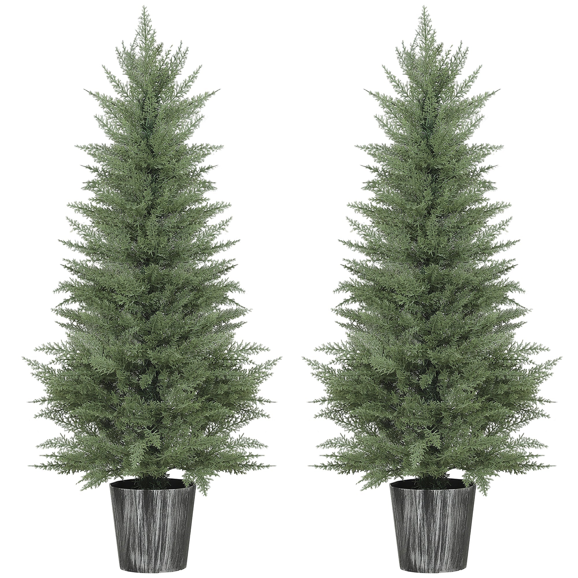 Two 135cm artificial cypress trees with green foliage in dark gray textured pots for indoor outdoor decor