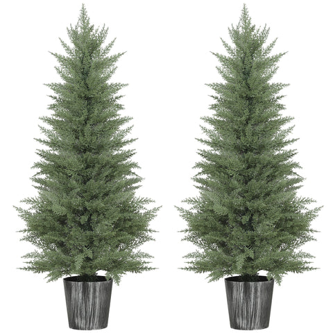 Two 135cm artificial cypress trees with green foliage in dark gray textured pots for indoor outdoor decor