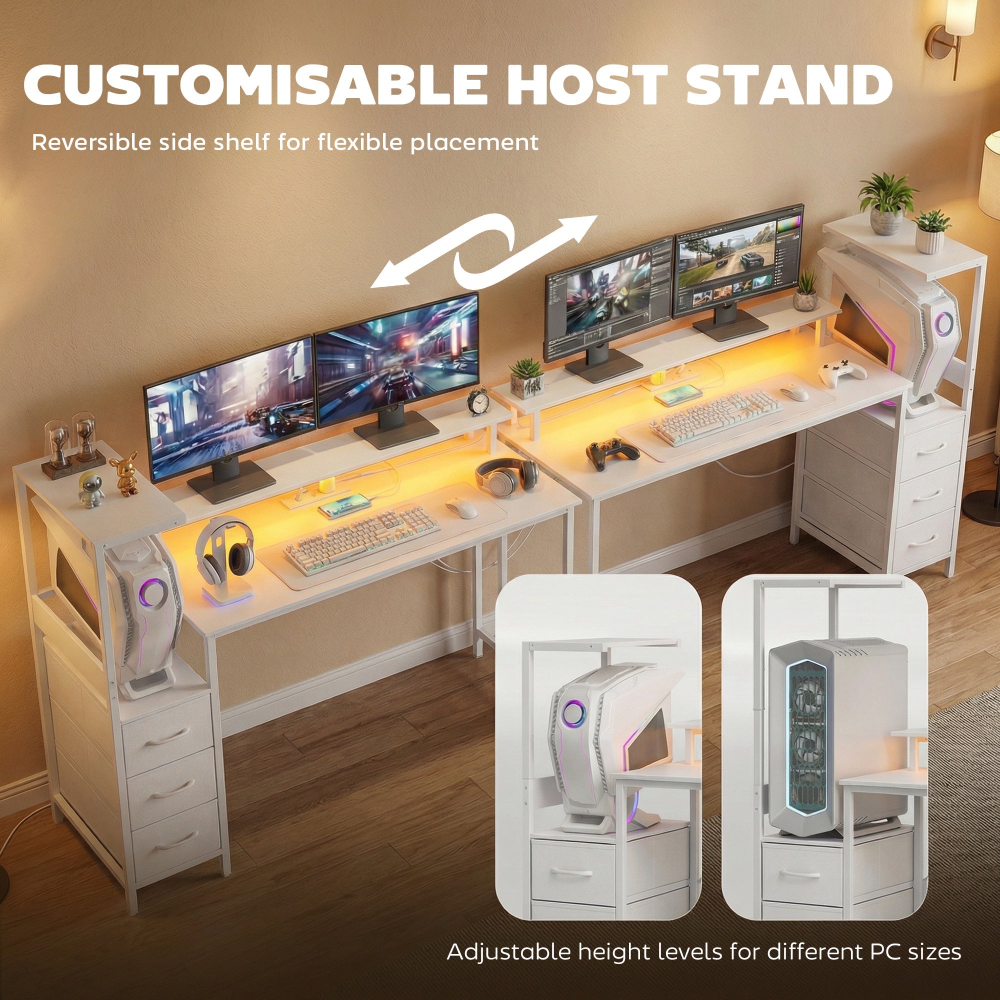 White customizable host stand with reversible side shelf and adjustable levels for different pc sizes for monitor stand and charging station