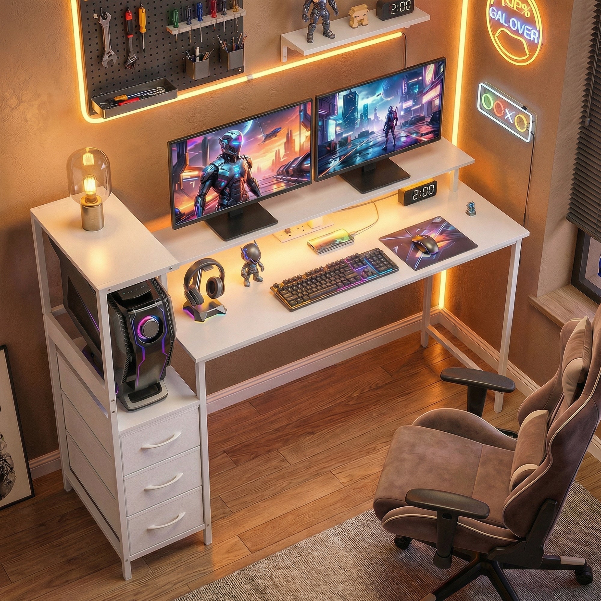 White homcom 147cm gaming desk with integrated storage drawers, monitor stand, cpu stand, and charging station with rgb lights