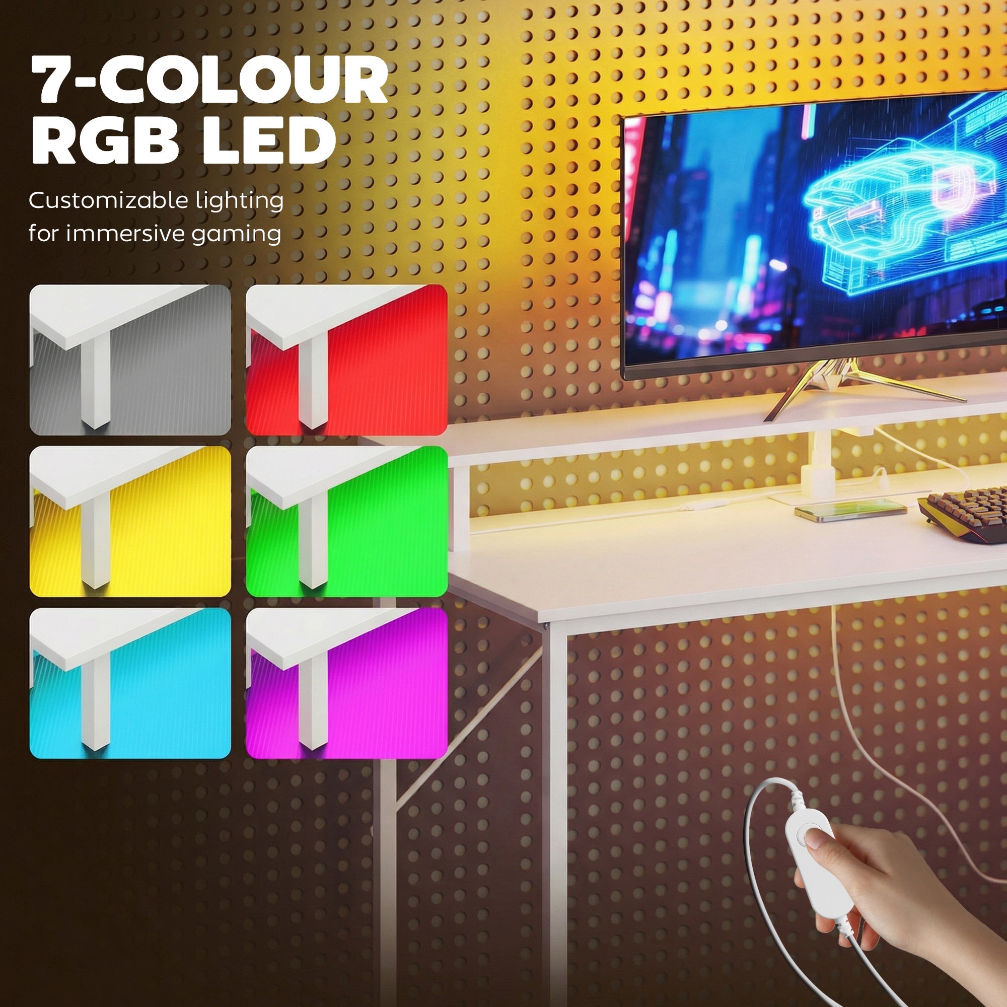 White homcom 147cm gaming desk with rgb led strip lighting monitor stand cpu stand and charging station for home office