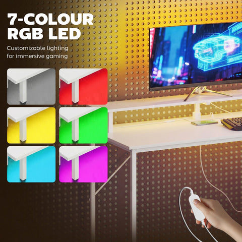 White homcom 147cm gaming desk with rgb led strip lighting monitor stand cpu stand and charging station for home office
