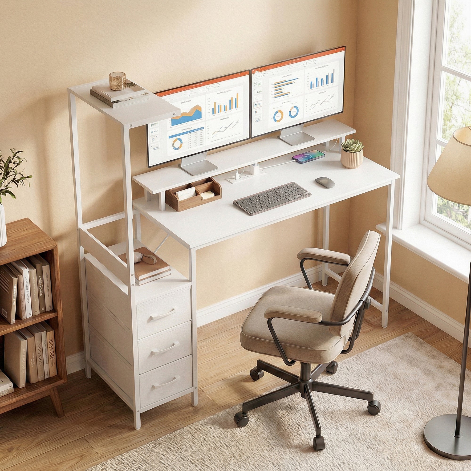 White modern homcom gaming desk with charging station monitor stand cpu stand and integrated drawers for home office