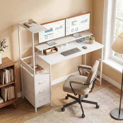 White modern homcom gaming desk with charging station monitor stand cpu stand and integrated drawers for home office
