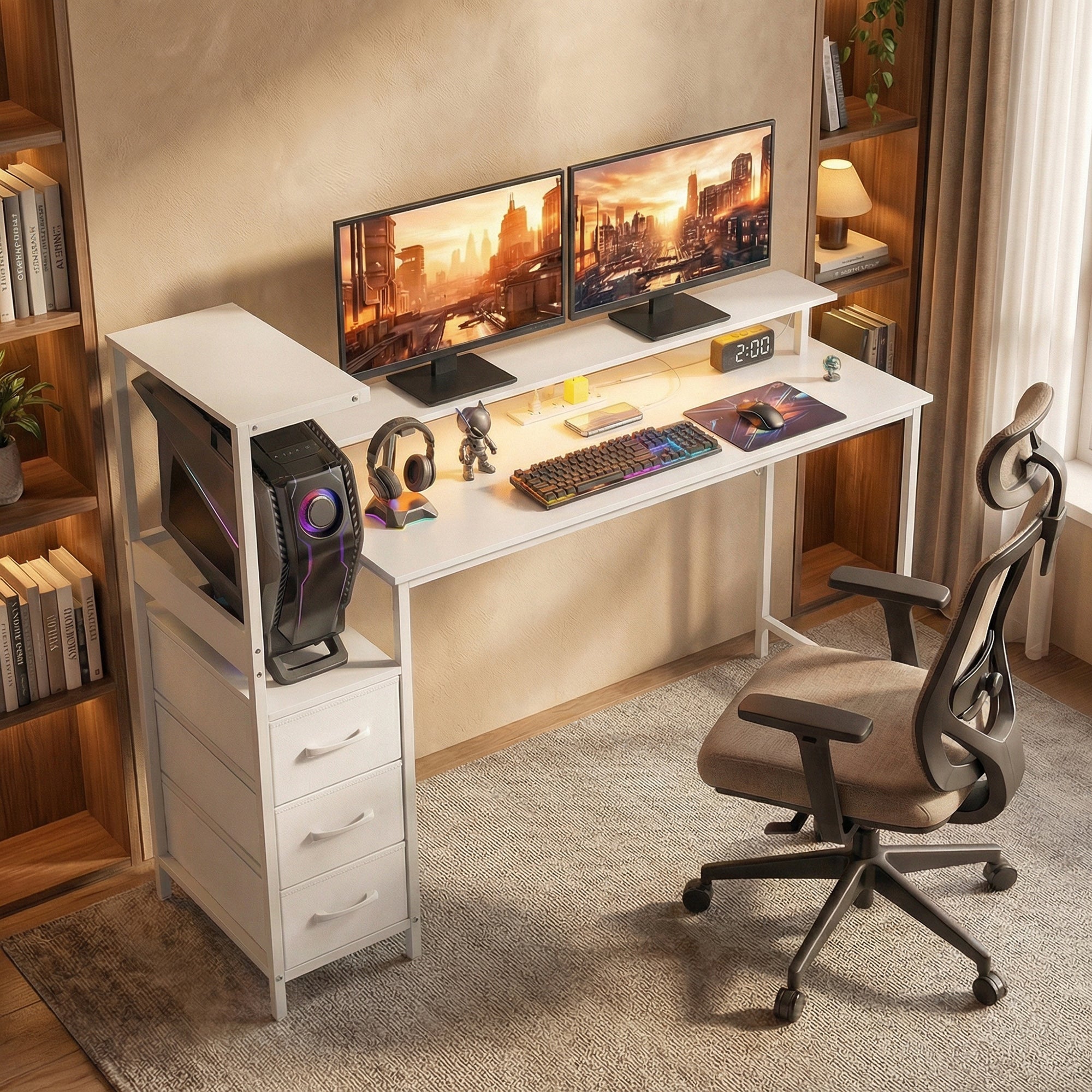 White homcom gaming desk with integrated storage drawers, rgb lights, monitor stand, cpu stand, and charging station